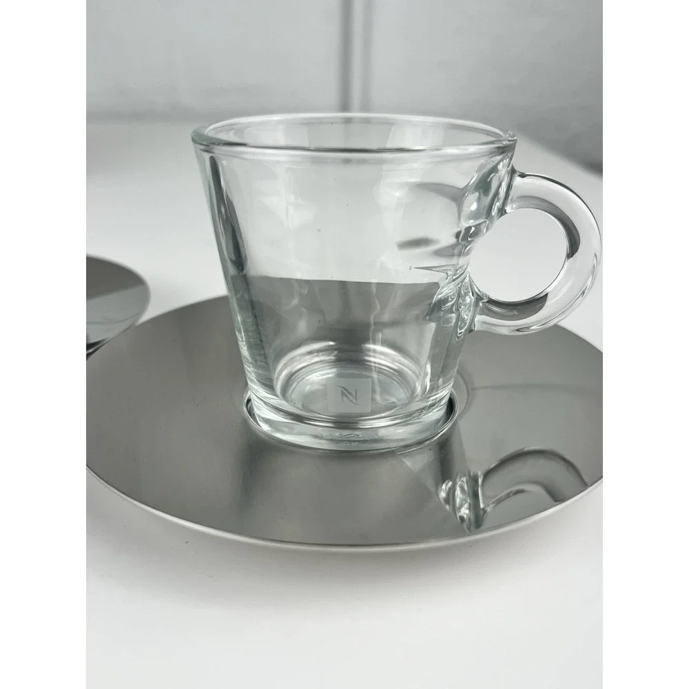 Nespresso VIEW Glass Espresso Cups Stainless Steel Saucers Set of 2 New w/ Flaw